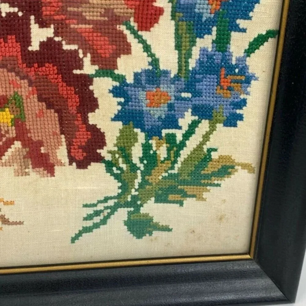 Vintage Framed Finished‎ Needlework Wall Hanging Picture Floral Cottagecore 1964